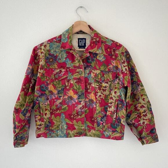 Vtg 90's GAP Red Floral Cotton Denim Button Up Jacket Sz L Cropped Grunge - Picture 1 of 8